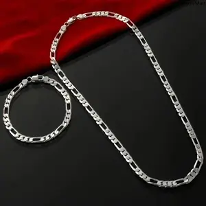 925 Sterling Silver 4mm Triple Figaro Cuban Link Chain Necklace, Hypoallergenic