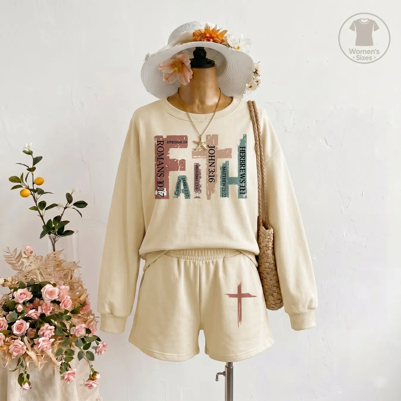Women’s Faith Cross Graphic Sweatshirt and Shorts Set, Casual 2 Piece Outfit, Long Sleeve Pullover Top and Drawstring Shorts Matching Set, Christian Activewear for Daily Wear, Travel, Weekend and Street Style