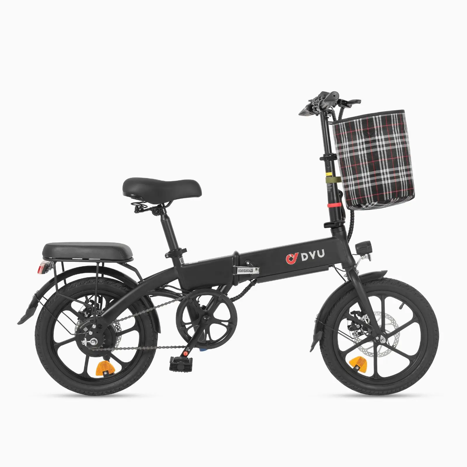DYU Unisex 14-inch Compact Portable Folding e-Bike for Cycling, 40+ Miles Range, 36V7.5Ah High-Energy Battery, LED Display, Front & Rear Disc Brakes, Basket, Shelf, 21.2kg Weight, 120kg Load Capacity