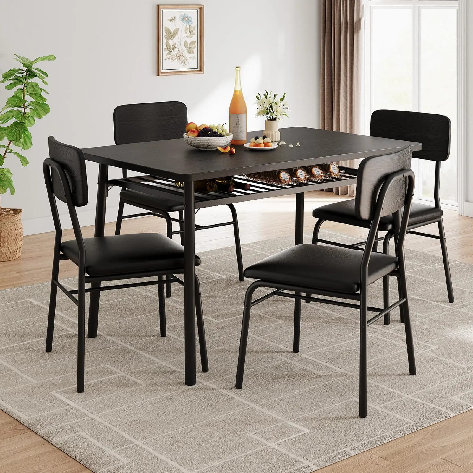 Garvee Farmhouse Dining Table Set - 5-Piece Small-Space Hero Indoor Furniture, Wood Tabletop, Heavy-Duty Metal Frame, PU Leather Upholstered Ergonomic Chairs, Storage Rack, Modern Black for Apartments, Apartment Decor Ideas,sohochic
