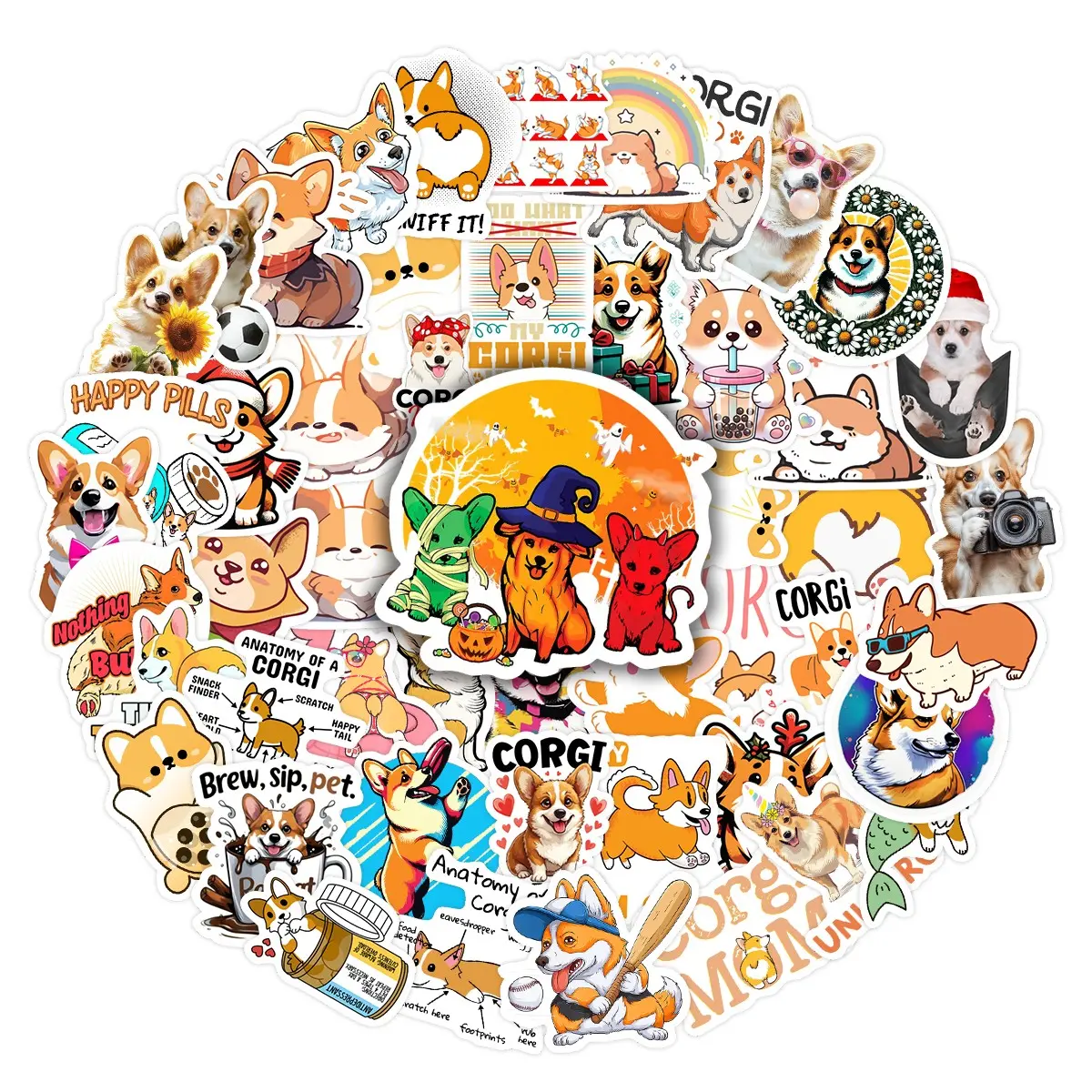 50pcs Corgi Kawaii Stickers Pack, DIY Decorative Stickers, Waterproof Cute Cartoon Dog Decals for Laptop, Water Bottle, Journal & Scrapbook, Dog Lover Gift