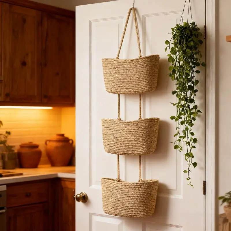 3-Tier Cotton Jute Hanging Baskets - 44.5 Inches Height, 14.4 Inches Top Length Indoor Over-the-Door Wall-Mounted Storage Organizer Bag for Home Organization, Ideal for Kitchen, Gifting to Friends and Family