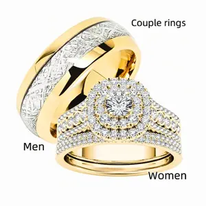 1/2 Set Couple Rings Set – Gold & Silver Stainless Steel Men’s Textured Band and Women’s Rhinestone Halo Engagement Ring, Elegant Wedding Anniversary Jewelry Gift