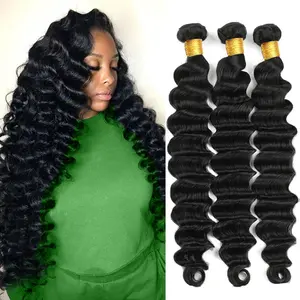 Brazilian Virgin 100% Unprocessed Human Hair Bundles 12A Deep Wave Loose Deep Wave Bundles Silky Soft Weft Extensions  Human Hair Bundles For Woman Natural Black Color