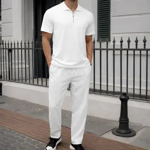 Men's Two-Piece Athletic Set, Including A Short-Sleeved Polo Shirt And Drawstring Trousers; Slim-Fit Waffle-Knit Polo Top And Sweatpants; Casual Summer Polo Set