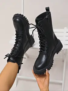 Women's Motorcycle Boots, Thick Sole Lace-Up Round Toe Fashion Boots, Side Zipper Mid-Calf Leather Boots for Fall Winter, Winter Warm Boots