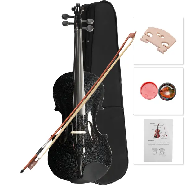 4/4 Full Size Hand-Carved Solidwood Acoustic Violin Comprehensive Kit for Beginners & Adults - Hard Case, Bow, Rosin, Lesson Book, Shoulder Rest (Black, Easy to Start), Bows