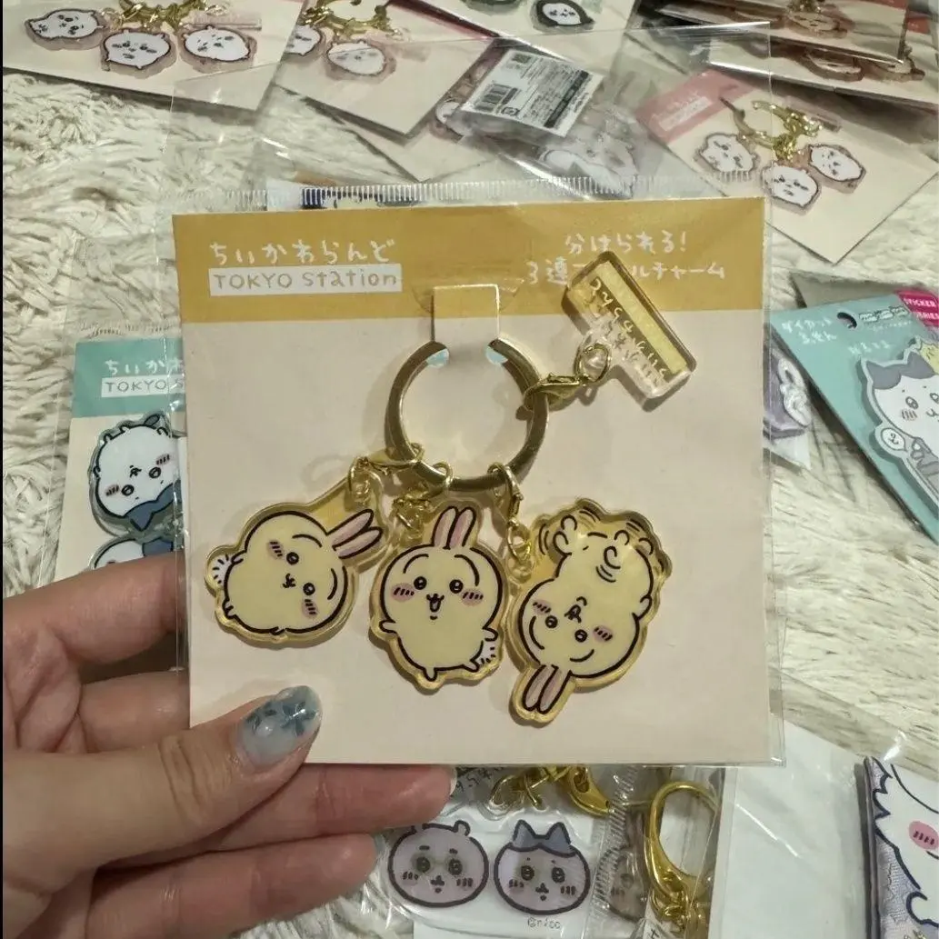 Chiikawa Keychain with Three Adjacent Acrylic Cartoonish Cute Pendants Gift Item in Stock Usagi Momonga Hachiwera Chii Rakko
