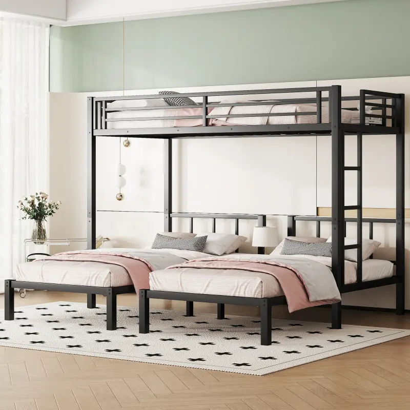 Bellemave Black Metal L-Shape Triple Bunk Bed Frame - Sturdy Industrial Queen-Size Bedroom Beds with Safety Rails, Twin Compatibility, Included Assembly Tools for Up to 3 Kids, Lshape Bed, Secure