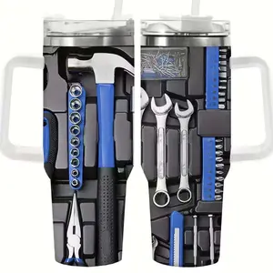 40oz Stainless Steel Insulated Tumbler with Handle – Tool Pattern Travel Mug for Electrician, Mechanic & DIY Lovers, Large Capacity Coffee Cup with Lid