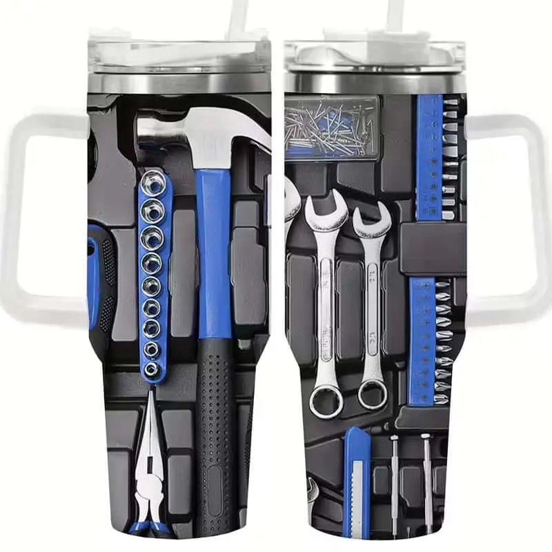 40oz Stainless Steel Insulated Tumbler with Handle – Tool Pattern Travel Mug for Electrician, Mechanic & DIY Lovers, Large Capacity Coffee Cup with Lid