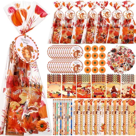 24 Sets Thanksgiving Classroom Gifts, Thanksgiving Party Favors for Students, Stationery Set Autumn Pumpkin Maple Turkey Notebook Pencil Ruler Cups Stickers Friendsgiving for Classroom Exchange Prizes School Rewards Fall Birthday Goodie Bags Stuffers