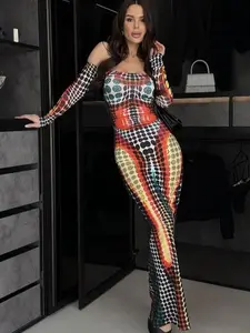 Off Shoulder Multi Colored Fitted Bodycon Maxi Dress Detail Womenswear Style