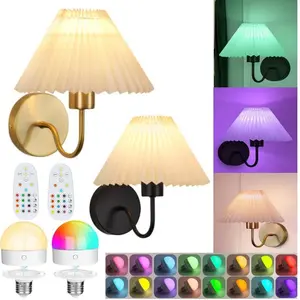 2 Pack Vintage Wireless Fabric Rechargeable Wall Lamps, Home Lighting, USB Charged with RGB Bulbs, 16 Colors and Dimmable, Remote Control, and Options for Bedroom Living Room Home Decor