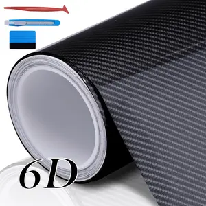 6D Black Carbon Fiber Vinyl Wrap Including Tool Kits, High Glossy Black Car Vinyl Film Roll, Air Release Technology Auto Accessories Wrap Car Motor DIY Interior Exterior 1ft x 5ft