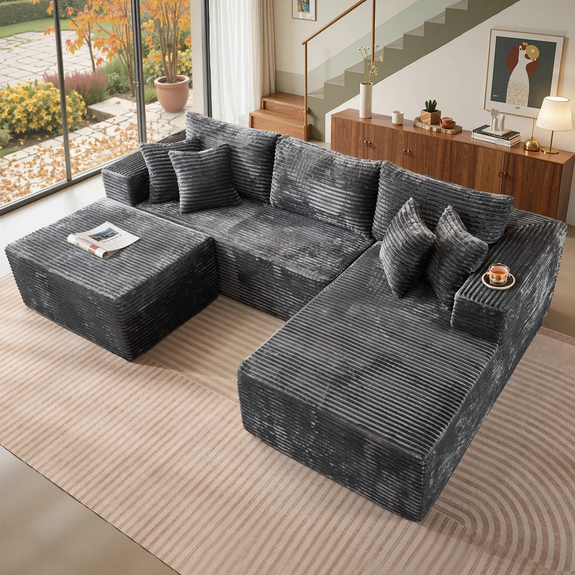 108” Grey L Shape Right Chaise With Ottoman