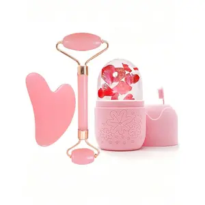 3pcs Ice Massage Roller Set - Facial massagers, Facial Tools, Silicone & Rose Quartz Cooling Rollers With Gua Sha Board, For Relieving Facial & Eye Puffiness, Contour Shaping, Skin Care Radiance