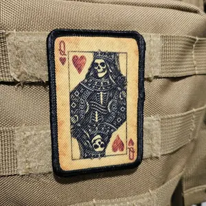 goth skeleton style queen of hearts 2"x3" removable morale patch with hook and loop backing