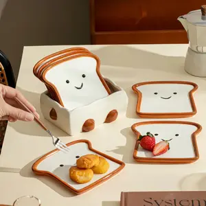 Set of 7 Smiling Ceramic Plates with Base, Cute Toast Face Dessert Plate, Kitchen Counter Dish, Spoon Rest, Jewelry Tray, Coffee Bar Decor, Dishwasher Safe Tableware