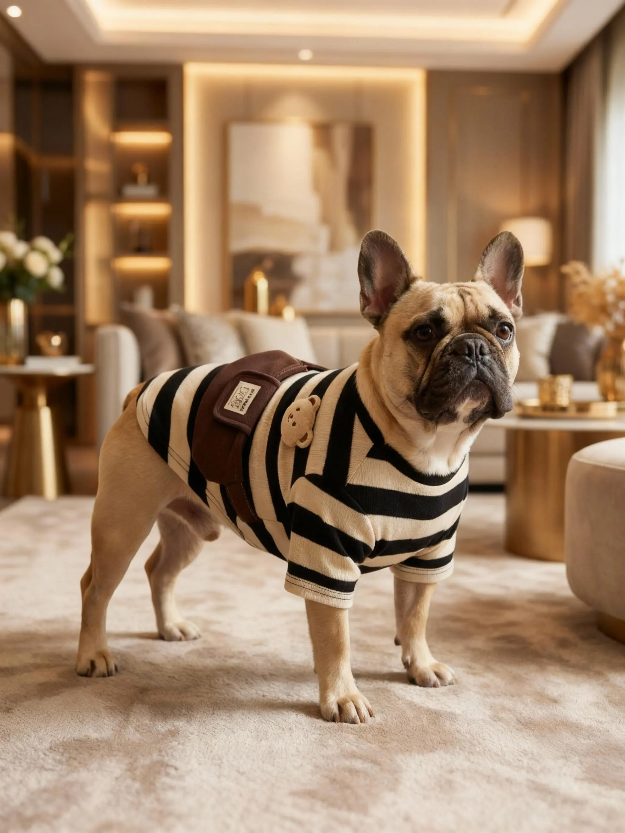 French Bulldog Cute Striped Hoodie with Little Brown Bear Backpack, Pet Clothing