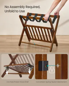Solid Wood Luggage Rack, No Assembly Required, Foldable Suitcase Stand, Luggage Holder, with Storage Shelf, for Guest Room, Hotel, Bedroom, Coffee Brown