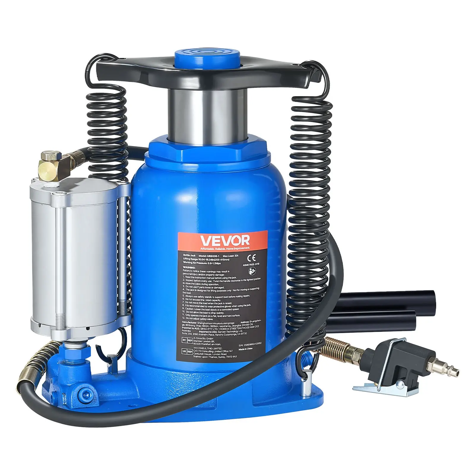 【Summerfinds】VEVOR Air Hydraulic Bottle Jack, 32 Ton (70546.9 lbs) Capacity, 10-16.3 Inch Lifting Range, Pneumatic/Manual Heavy Duty Welded Bottle Jack with Pump for Car, SUV, Pickup, Truck, RV, Auto Repair, Blue