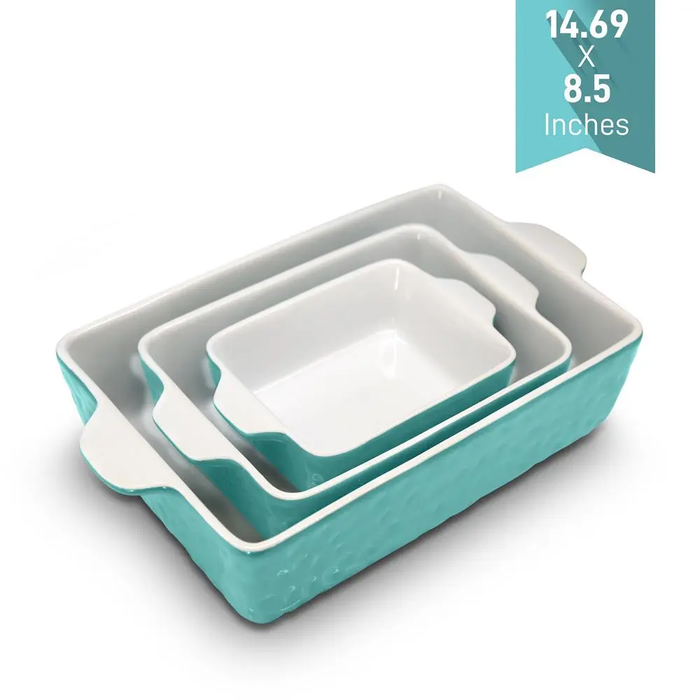 3-Piece Ceramic Casserole Set - Aqua | Non-Stick Bakeware with Non-Slip Handles - Multi-Size Serving Dishes for Baking, Cooking, Roasting & Food Prep - Dishwasher Safe, Microwavable & Refrigerator Safe - Kitchen Cooking Accessory