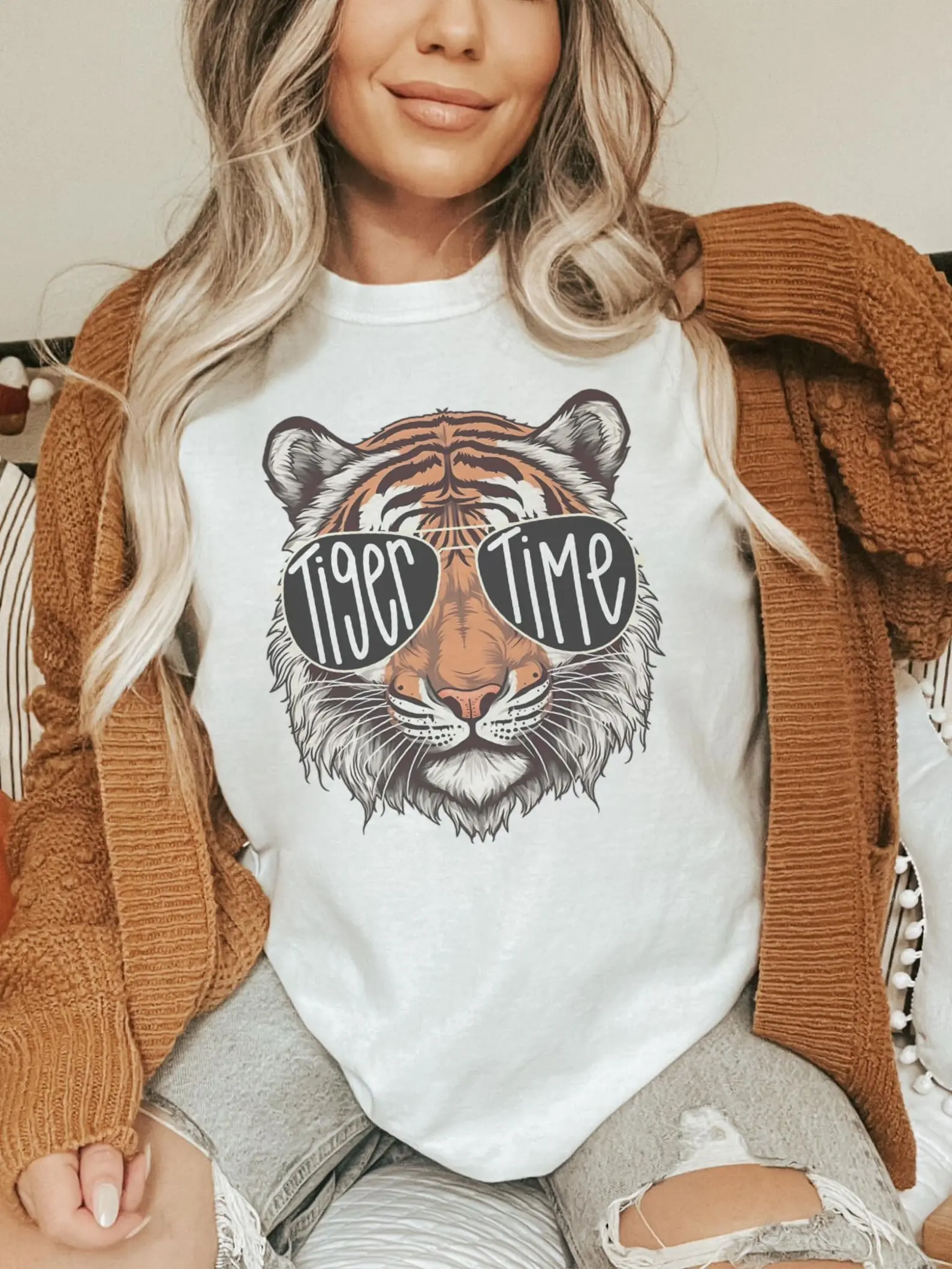 Tiger Time T-Shirt, Mascot Graphic Tee with Sunglasses, retro Style School Spirit Shirt, Cute Game Day T-shirt
