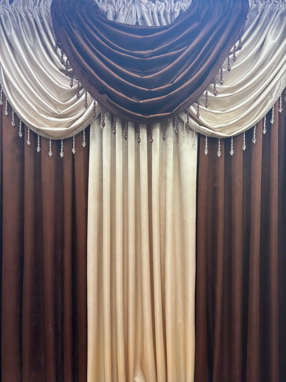 Luxury Regency Brown & Beige Curtain Set for Small Windows 36–46 Inch | Elegant Layered Window Drapes