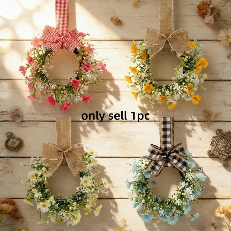 1PC Spring Simulated Bow Daisy Ring Window Door Wall Hanging Home Farmhouse Bowknot Decor, Bow Decor Floral Fake Butterfly Knot Flower Decoration, Artificial Hanging