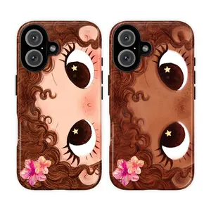 Curly Hair Girl Phone Case – Cute Big Eyes Cartoon Aesthetic with Star Eyes & Floral Detail, Soft Brown Skin Tone Art, Kawaii Girly iPhone Case for 17 16 15 14 13 12 11 Pro Max, Trendy Sweet Style Gift for Her, Women, Girls