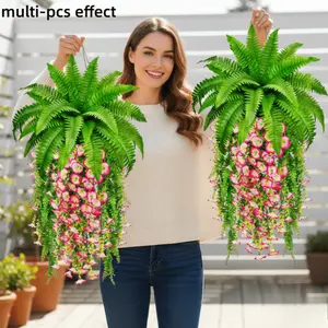 [4-Pack] UV-Resistant Artificial Boston Fern and Morning Glory DIY Hanging Plant Set—highly realistic, low-maintenance evergreen plants. Perfect for indoor and outdoor home decor, ideal for spring outdoor settings, porches, windowsills, patios, accent wal