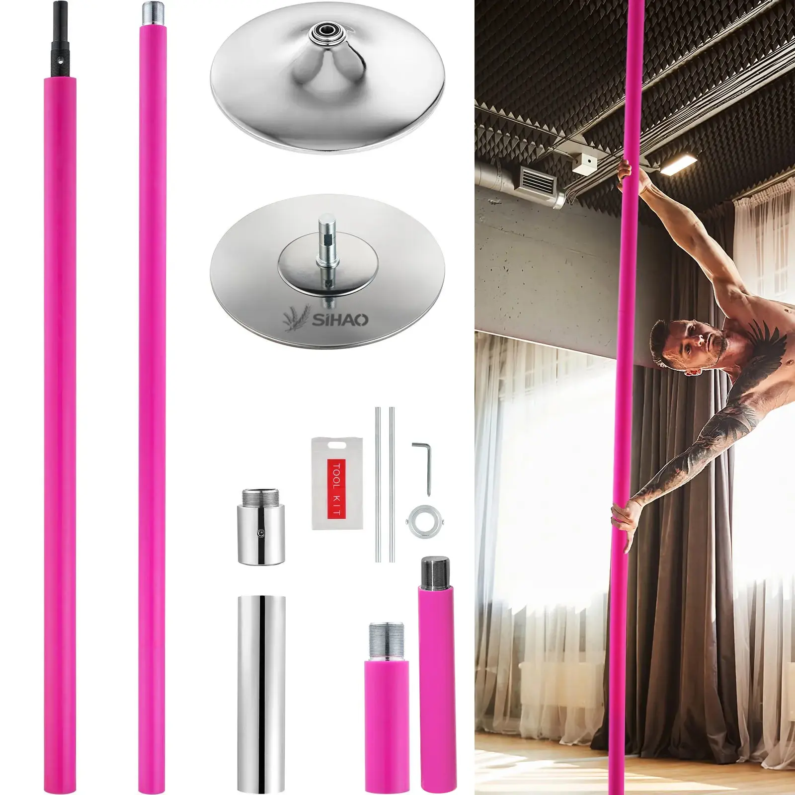 Pink Silicone Grip Pole Dance Equipment - 2-in-1 Spinning & Static Modes, Ceiling-Floor, Adjustable Height 85-106 in, 441lb Capacity, Portable Home Gear for Aerobics & Fitness