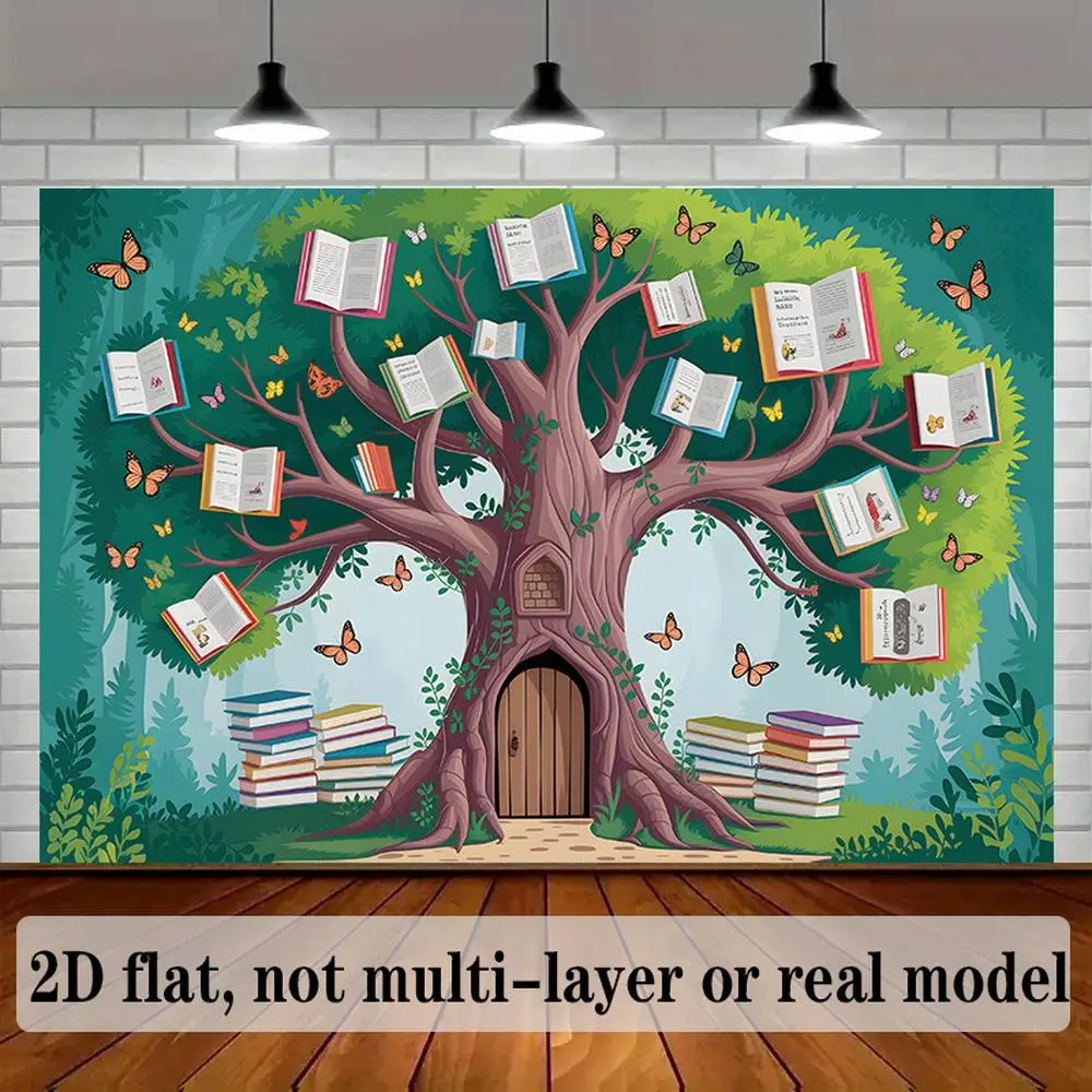 2D Flat Back Book Tree Banner - Reusable Polyester Summer-Vibe Home & Room Background Decoration, Photo Prop for Back to School & Birthday Supplies