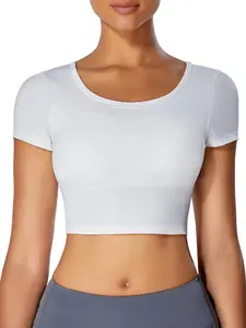 Women's Solid Removable Chest Pads Crop Lounge Top, Casual Comfy Breathable Short Sleeve Tee for Daily Wear, Ladies Sleepwear for All Seasons