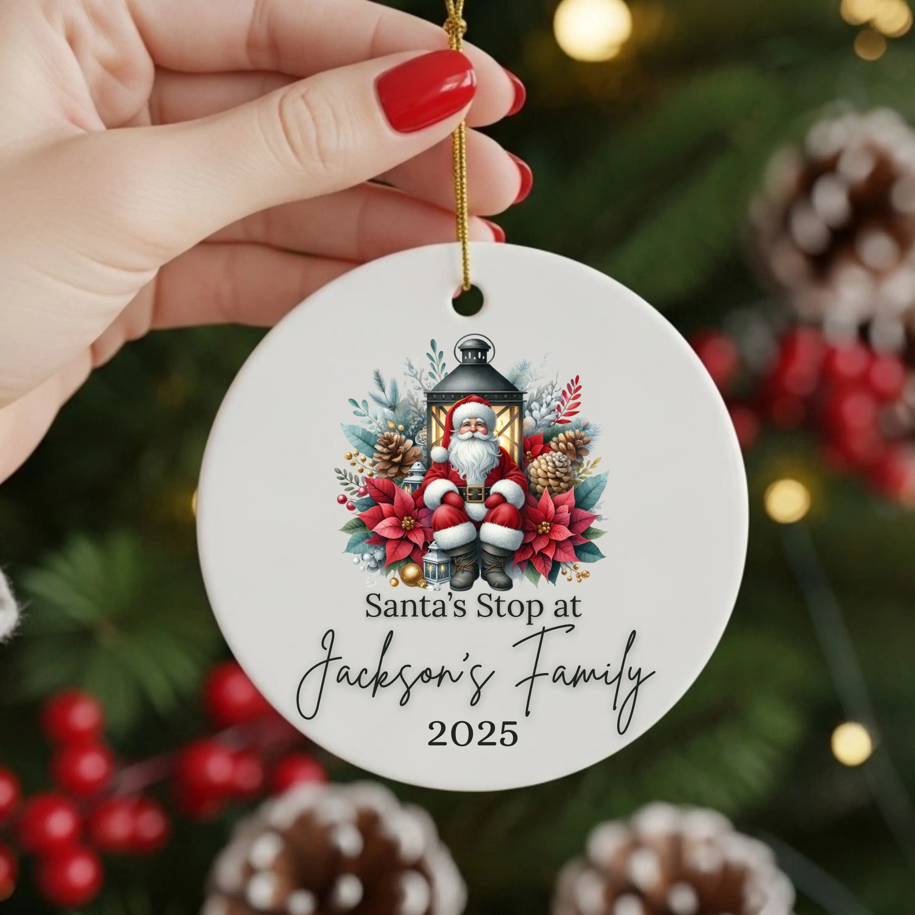 Personalized Ceramic Christmas Ornament - "Santa's Stop" Custom Family Name & Year with Festive Lantern Design Tree Decor Decoration 1 Side