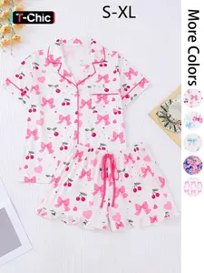 Women's All Over Print Pocket Crop Top & Shorts Pyjama Two-piece Set, Casual Comfy Short Sleeve Collared Top & Shorts PJ Set, Ladies Summer Sleepwear, Loungewear, Pajama Set