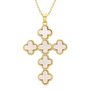 Crystal Clover Cross Pendant Necklace in ION Plated Yellow Gold Stainless Steel 17.5-19.5 Inches