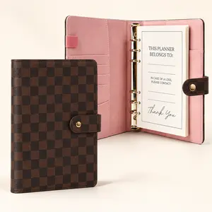 A5 Refillable 6-Ring Daily Planner Binder, Brown Checkered Faux Leather Daily Planning Notebook Cover with Silver Metal Rings, Pink Interior Pockets, Card Slots & Snap Closure for Work, School, Budgeting and Journaling