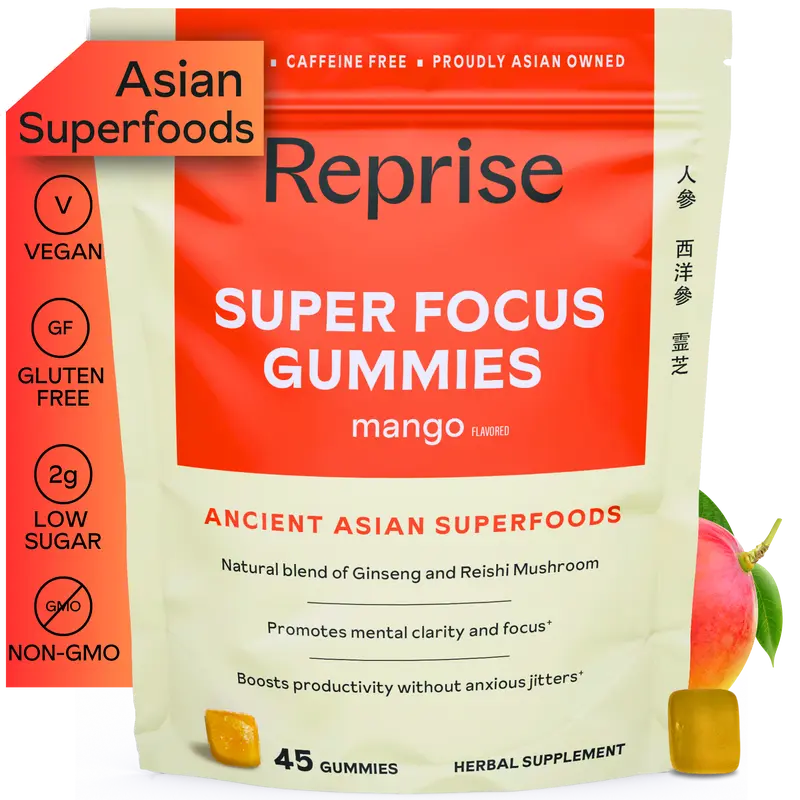 Super Focus Gummies for Adults | American & Korean Ginseng with Reishi Mushroom extracts | All Natural Gummies for Focus, Mood, and Energy | Mango Flavored | 45 Count