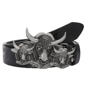 Unisex simple silver bull head alloy buckle black embossed PU belt paired with jeans