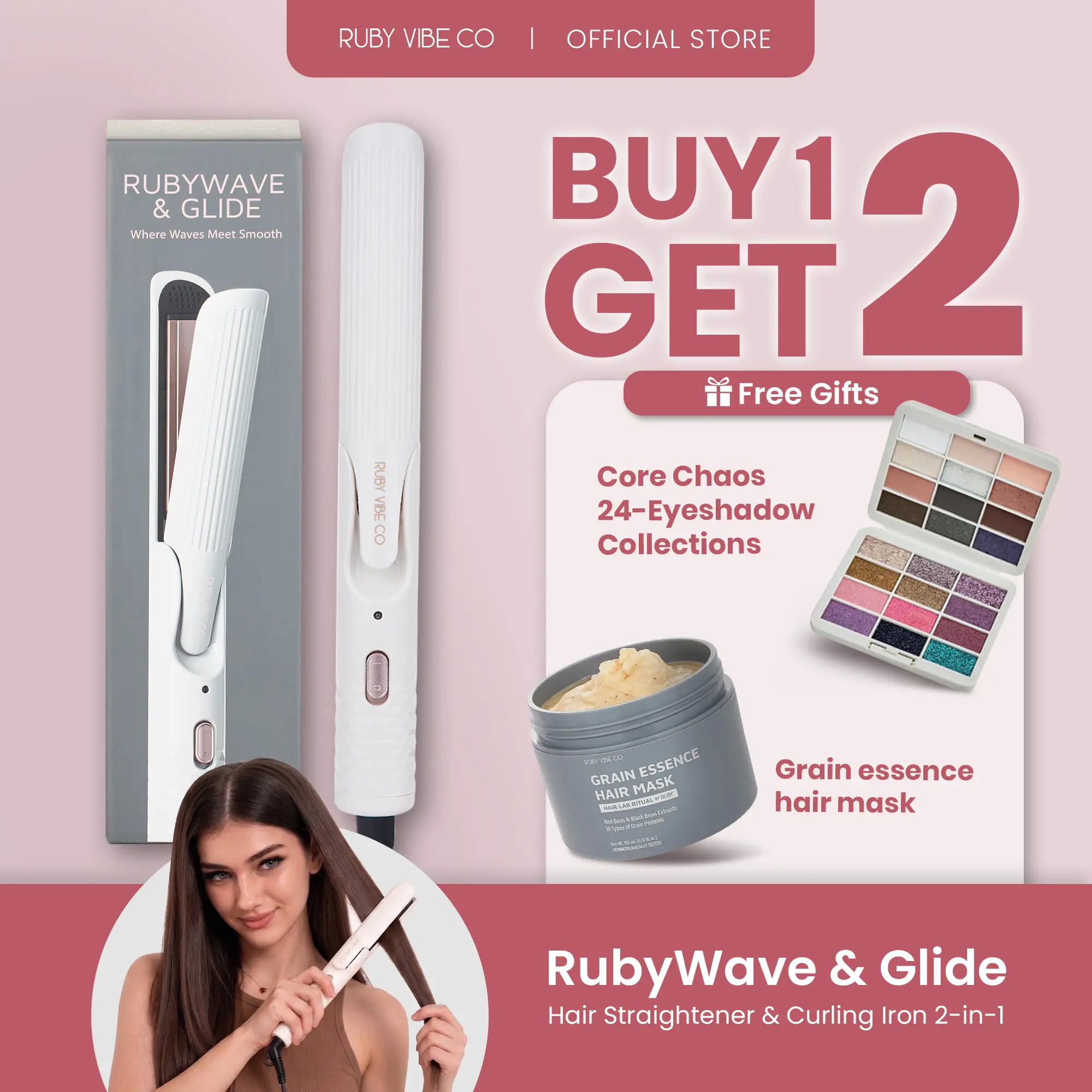RUBY VIBE CO 2-in-1 Hair Styling Wand Effortless Styling for Curls and Straight Hair, Fast Heating, Adjustable Settings, Safe Design Lightweight and Ergonomic for Easy Use