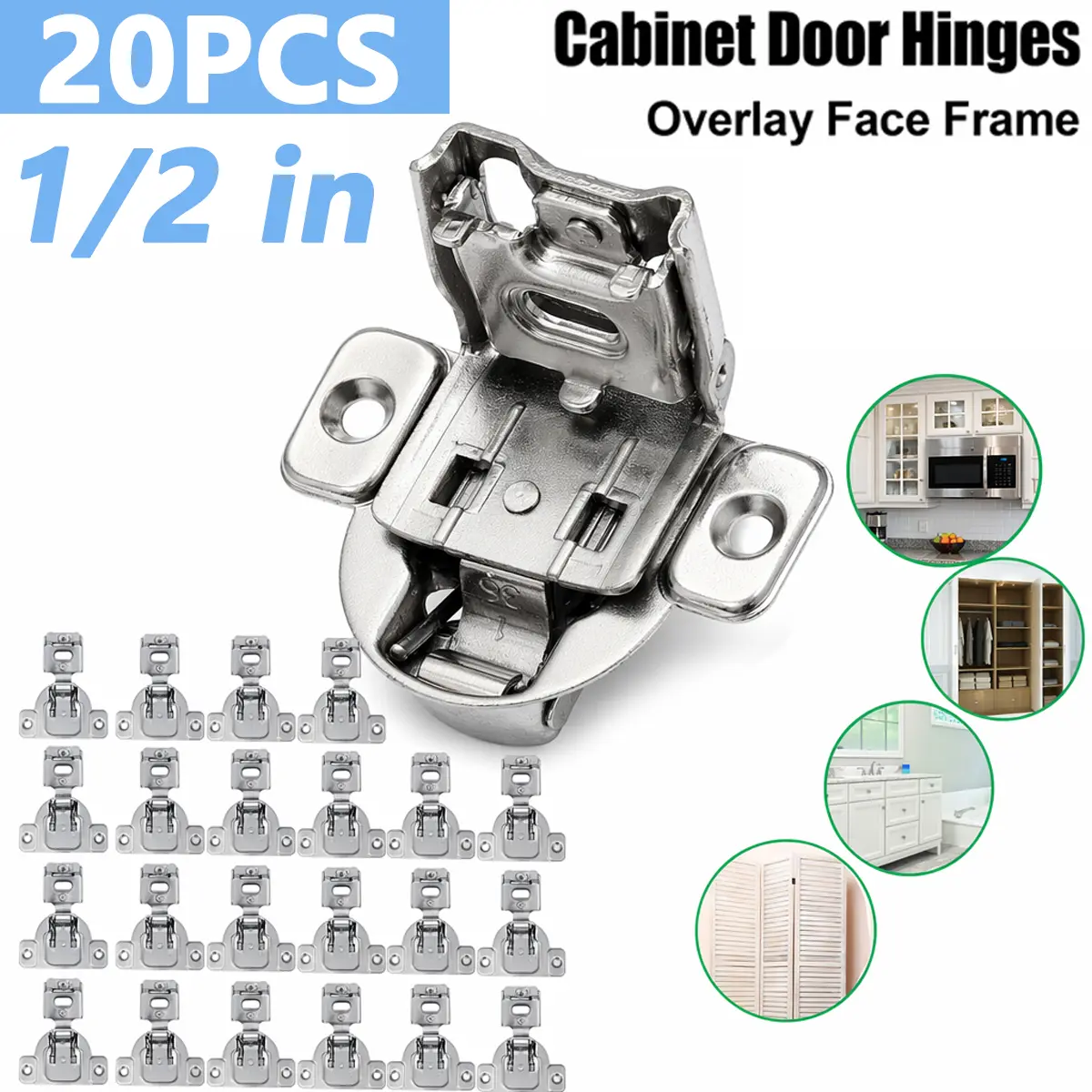 20-Pack Face Frame Cabinet Hinges, 1/2" Overlay Soft Close with Built-In Damper, 105° Opening Concealed Mount Hardware, Cam Side/Depth Adjustment, Includes Screws