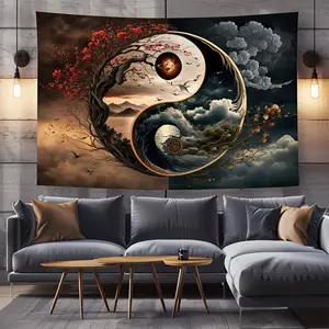 Traditional Yin Yang Tai Chi Tapestry – Chinoiserie Wall Hanging Decor Art Mural for Home, Office Meditation Space Decorative Tapestry