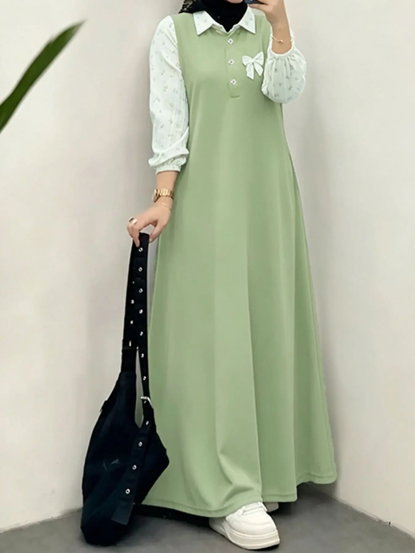 Women's Casual Dress, Shirt Collar Half Open Front, Bow Detail, Colorblock Patchwork, Buttoned, Long Sleeve, Loose Fit, All Seasons, Modest Style Dress, Long Sleeve Dresses
