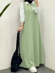 Women's Casual Dress, Shirt Collar Half Open Front, Bow Detail, Colorblock Patchwork, Buttoned, Long Sleeve, Loose Fit, All Seasons, Modest Style Dress, Long Sleeve Dresses