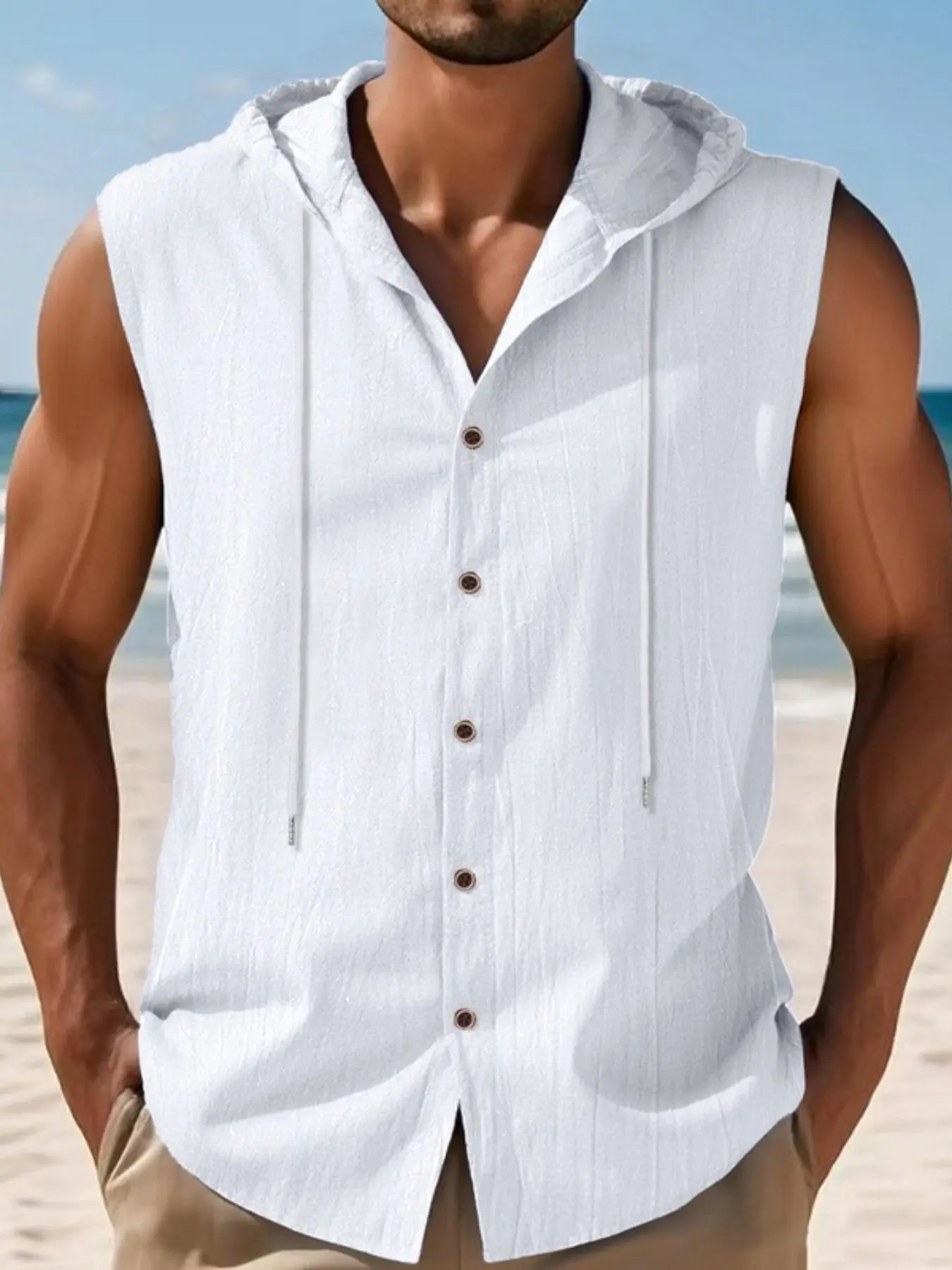 Men's sleeveless band-capped linen shirt - featuring a adjustable drawstring hood, lightweight and breathable, with a loose fit. Perfect for beach vacations, seaside outings and casual summer wear.