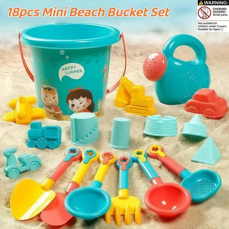 18pcs Complete Kids Beach Toy Set for Children Aged 3 to 10 Years - Bathroom, Sandbox & Outdoor Summer Toys with Sand Bucket, Shovel, Molds, Mesh Bag, Foldable Dog Pool, Light-Up Mermaid Bath LED Water Blaster, Electric Air Pump