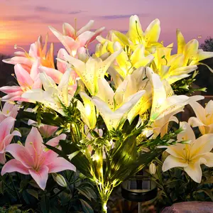 【Mother's Day Gift】GIGALUMI Solar Garden Lights, 2 Pack LED Lily Garden Decor Carefree Solar Flowers Outdoor Waterproof, Yard Decorations Outdoor, Allergy-Free Light up Flowers for Yard Patio