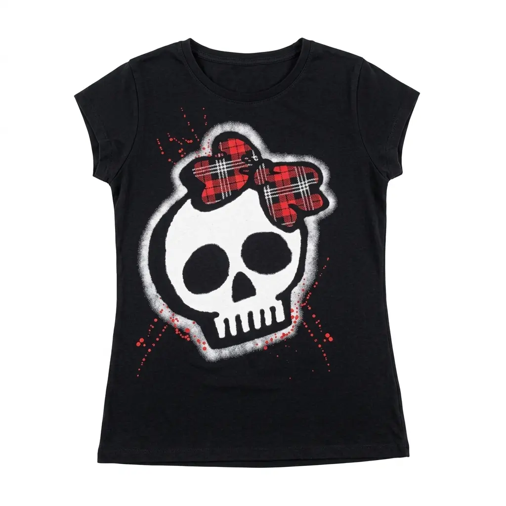 Skull w/plaid bow baby tee ️, Y2K Graphic Tee, Summer Girl Top, Scene Clothing 2000s